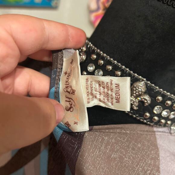 Vintage Self Esteem Brown and blue abstract print V-neck top with silver belting - Picture 7 of 7